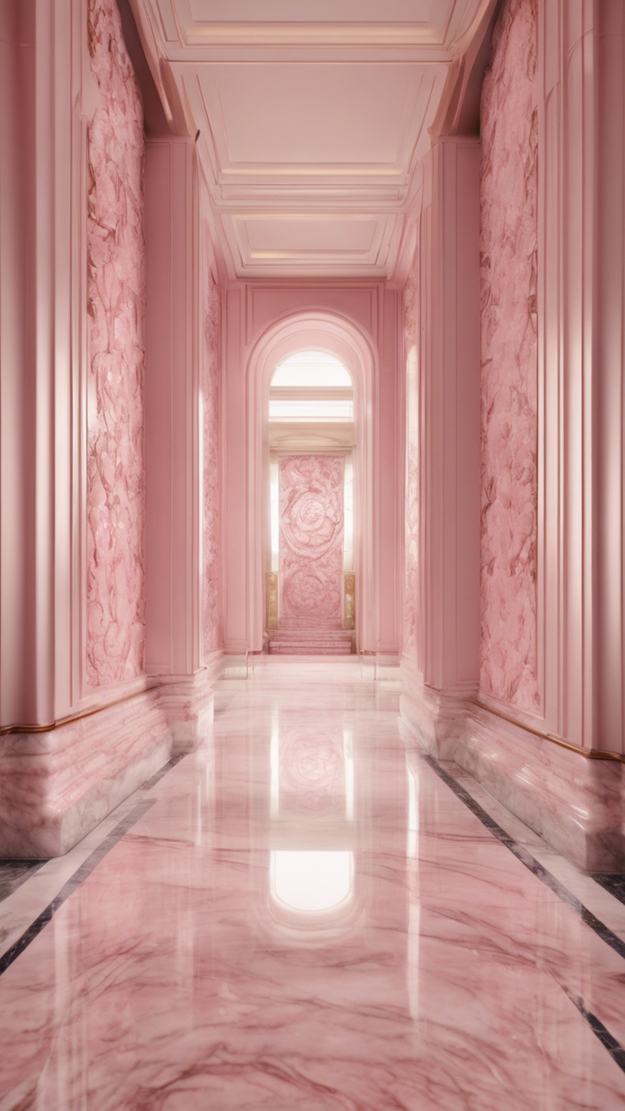 An ornate floral pattern etched in a pale pink marble surface, adding sophistication to a classy hallway.壁紙[dc6b1897a89c40378456]