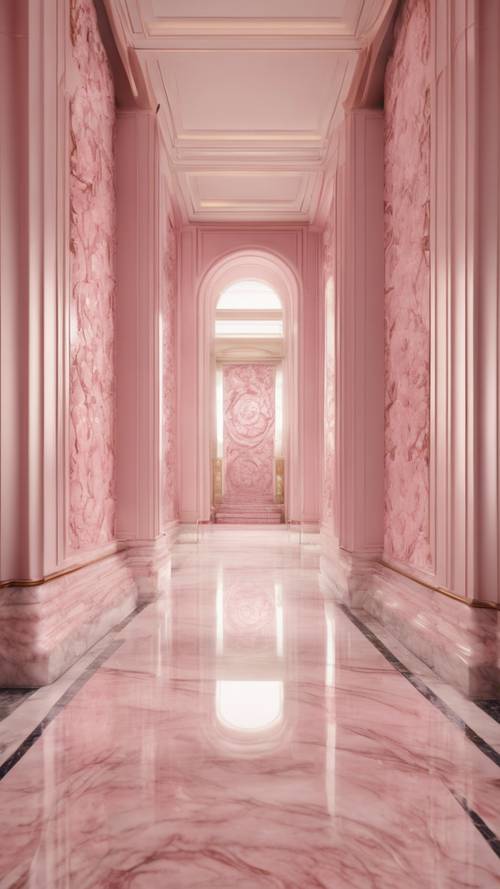 Un estampado floral ornamentado grabado en una superficie de mármol rosa pálido, que añade sofisticación a un pasillo elegante.