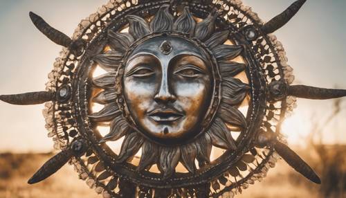 A boho-style sun with face features, appearing in the clear sky during high noon. Tapet [41753406108d4b4c9224]
