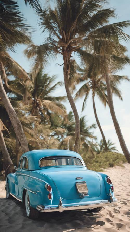A vintage car painted in cool blue, parked by the beach