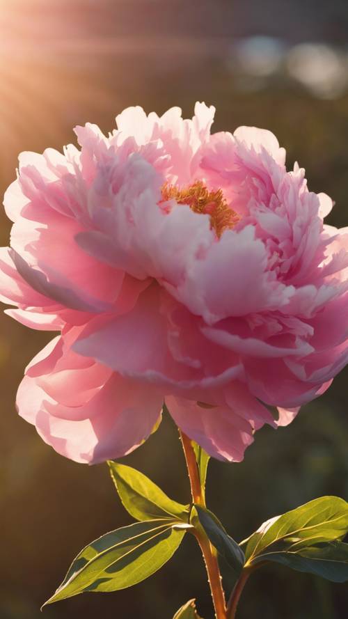 Bunga peony merah muda yang subur bermandikan sinar keemasan matahari terbenam.