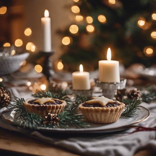 Uma mesa de Natal lindamente posta com velas tremeluzentes, galhos de árvores perenes e tortas de carne moída recém-assadas.