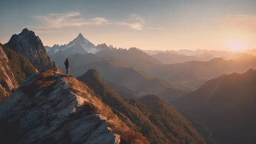 A solitary hiker overlooking a breathtaking mountain range at dawn. Wallpaper [436fa0060b434e3196c5]