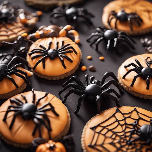 Arañas falsas arrastrándose sobre una exhibición variada de galletas de Halloween de alta calidad.