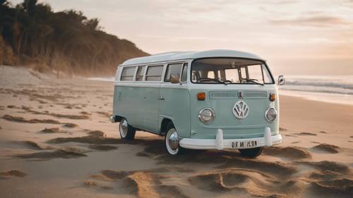 A beach scene at dawn, with a vintage camper van parked at the edge of the shore.