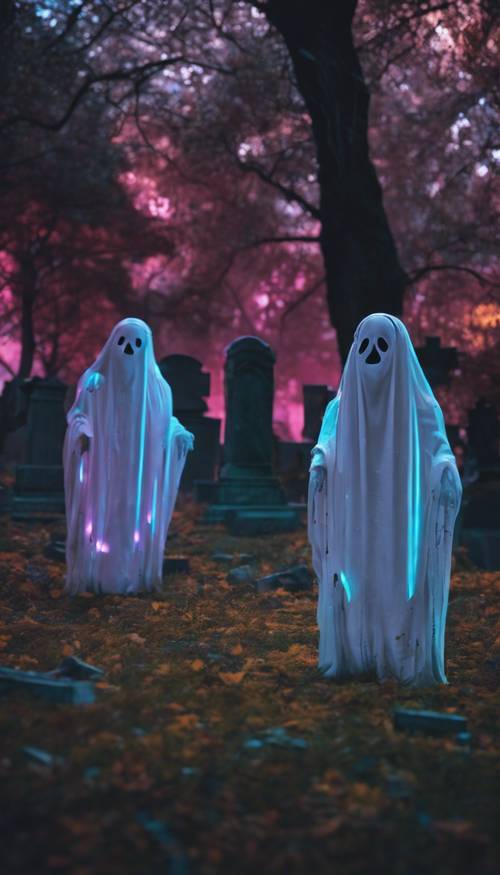 Scary neon ghosts floating in a chilling cemetery".