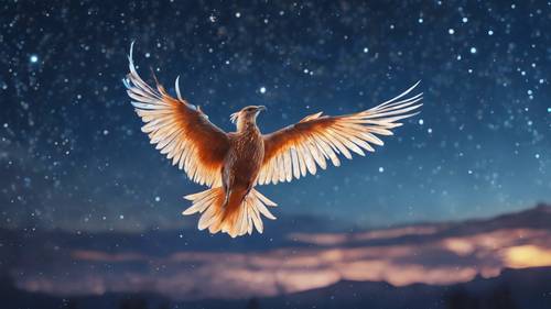 Птица феникс в полете, светящаяся белым на фоне контрастной прохладной синевы звездного ночного неба.