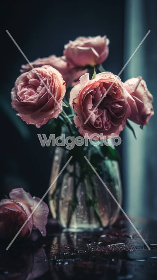 水滴のついた花瓶に入ったピンクのバラ