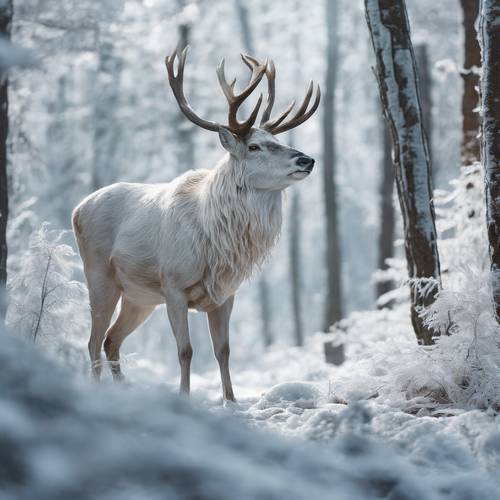 雄偉的白鹿在冰冷的森林中漫步