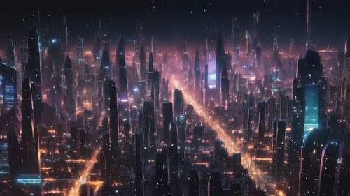 Una representación artística de un horizonte urbano futurista y brillante por la noche, con un juego de luces y sombras que forman una cita de anime.