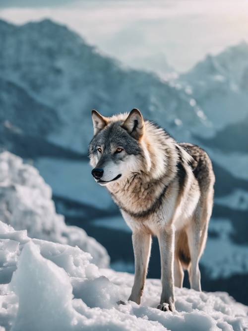 ذئب جريء ذو فرو جليدي اللون، يقف فوق قمة جبل ثلجي، مشهد مثالي لأرض العجائب الشتوية.