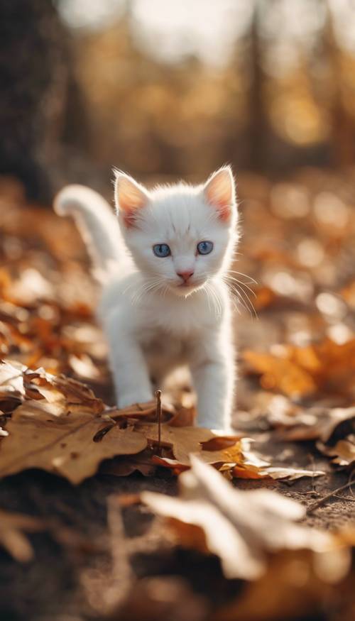 Seekor anak kucing putih kecil yang menggemaskan dengan bintik-bintik emas samar, bermain-main dengan daun musim gugur yang jatuh di suasana yang nyaman dan pedesaan.