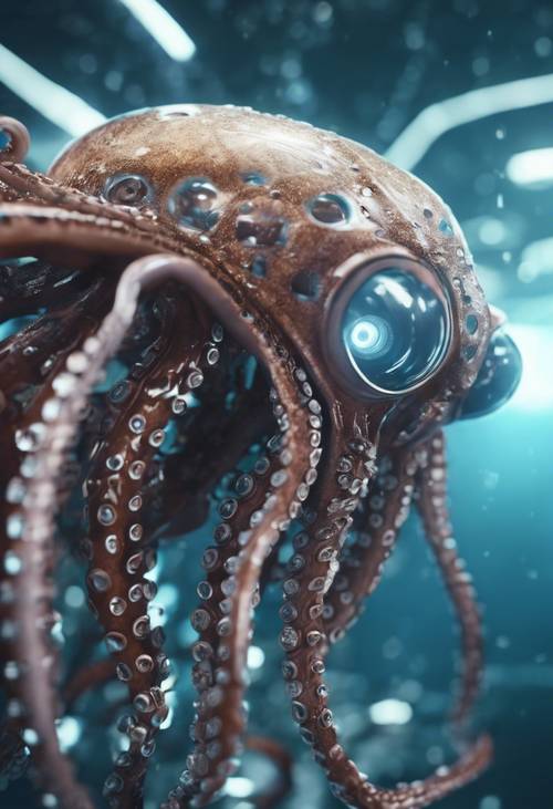 A CGI image of a futuristic cybernetic octopus displaying advanced tech gadgetry surfacing from the deep ocean.