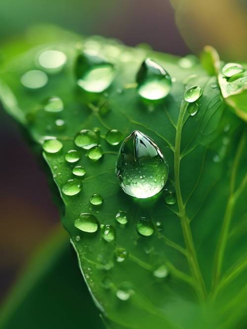 A macro shot of a shiny drop of dew on a fresh green leaf.