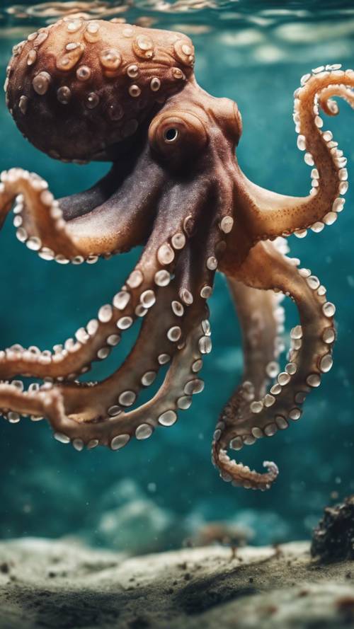 An octopus hidden in the sea floor shooting out to catch its unsuspecting prey.