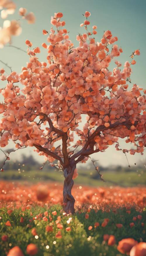 这是一张令人惊叹的低多边形图像，描绘的是罂粟花田中一棵结满果实的生机勃勃的桃树。