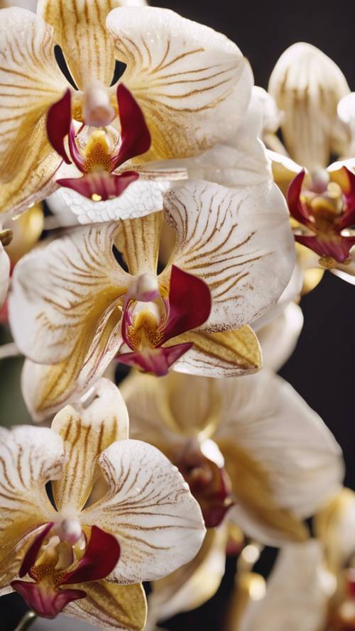 Eine Nahaufnahme von Orchideenblüten mit goldenen Blütenblättern