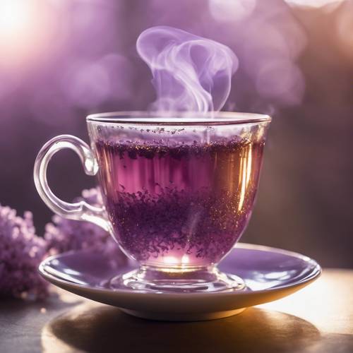 Secangkir teh berisi teh lilac panas, uap mengepul yang berkilauan jika terkena cahaya latar.