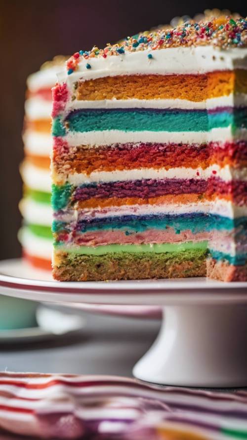 Um close de uma fatia de bolo arco-íris revelando seu perfil listrado colorido e em camadas.