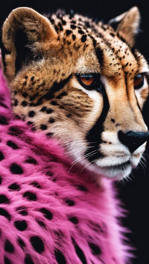 A portrait of a fierce, sharp-eyed cheetah having an unconventional pink fur, against a contrasting black backdrop.