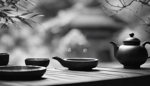 Representación en blanco y negro de una antigua y tranquila ceremonia del té en un cuidado jardín japonés.
