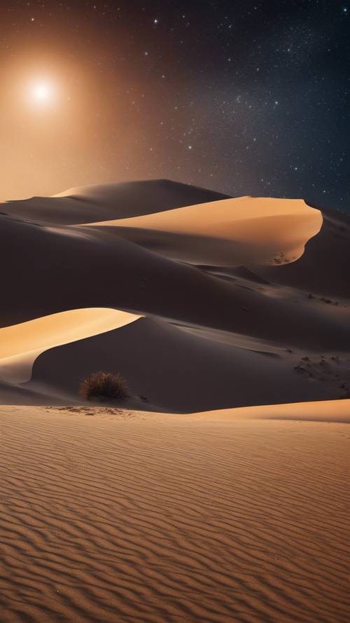 Pemandangan menakjubkan dari gurun yang belum terjamah dengan bukit pasir yang bersinar di bawah malam berbintang.