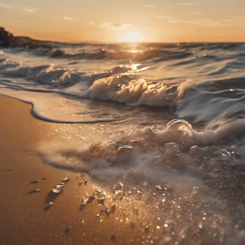 شاطئ رملي مترامي الأطراف، تتلاطم الأمواج الصافية على الشاطئ عند غروب الشمس.