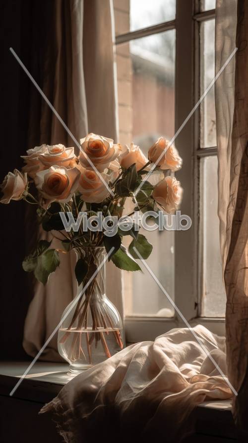 Bright Light Shining on Peach Roses by the Window