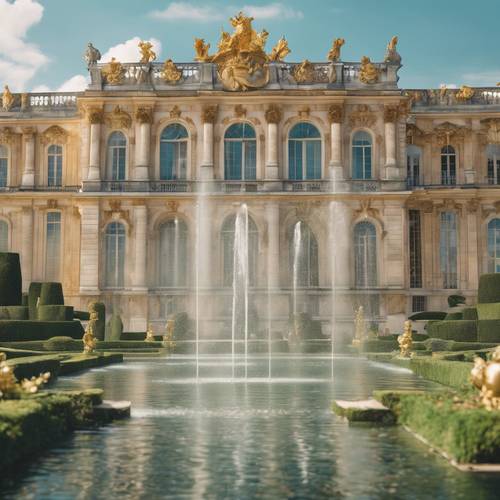 Une majestueuse fresque murale du château de Versailles avec des fontaines scintillantes et des jardins luxuriants.