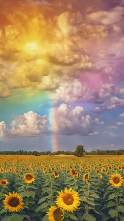 A rainbow painting the sky above a field filled with blooming sunflowers.