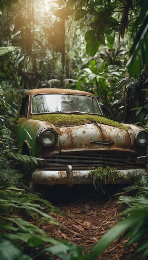 Sebuah mobil klasik berkarat dan setengah ditumbuhi tanaman yang ditinggalkan jauh di dalam hutan tropis yang rimbun.