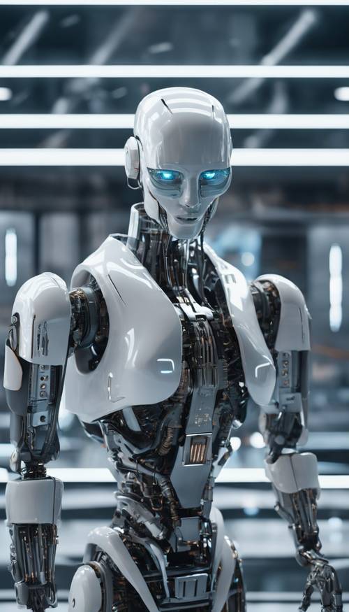 Un robot futuriste en 3D avec des designs esthétiques Y2K debout dans un laboratoire d&#39;intelligence artificielle