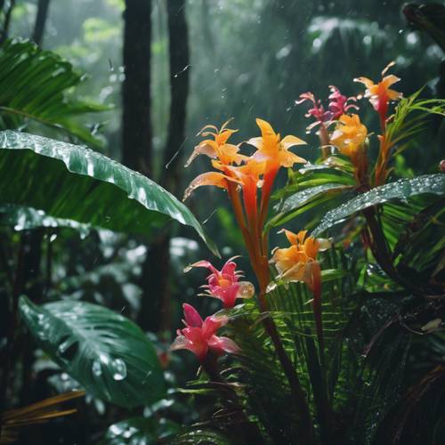 An assortment of tropical flowers glistening in a rainforest, immediately after a fresh rainfall.