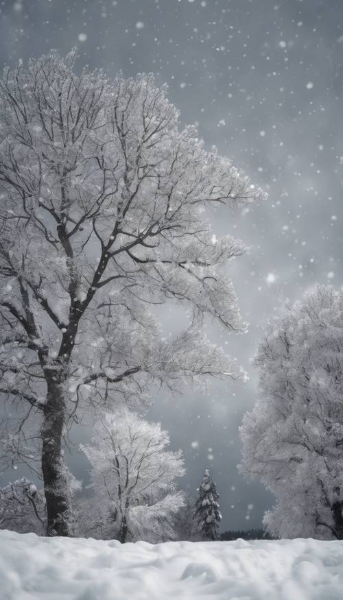 白色的雪在圖案多雲的灰色天空下閃閃發光。