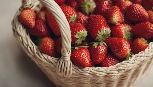 A close-up of red strawberries in a beige woven basket.