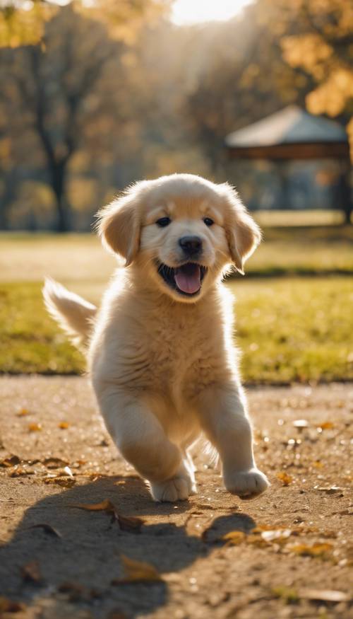 A chubby golden retriever puppy playing with a fluffy ball in a sunlit park Tapet [7fa6f5e2b4b245278284]