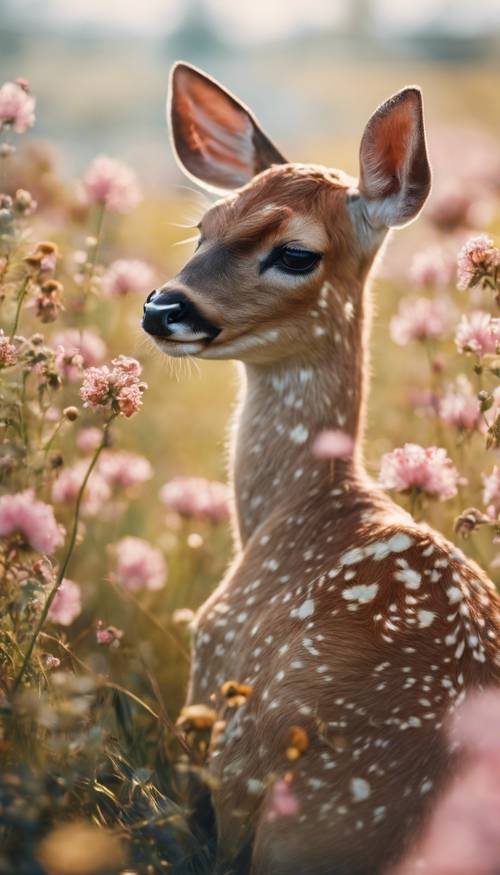 A cute female fawn relaxing on a field filled with blooming flowers.