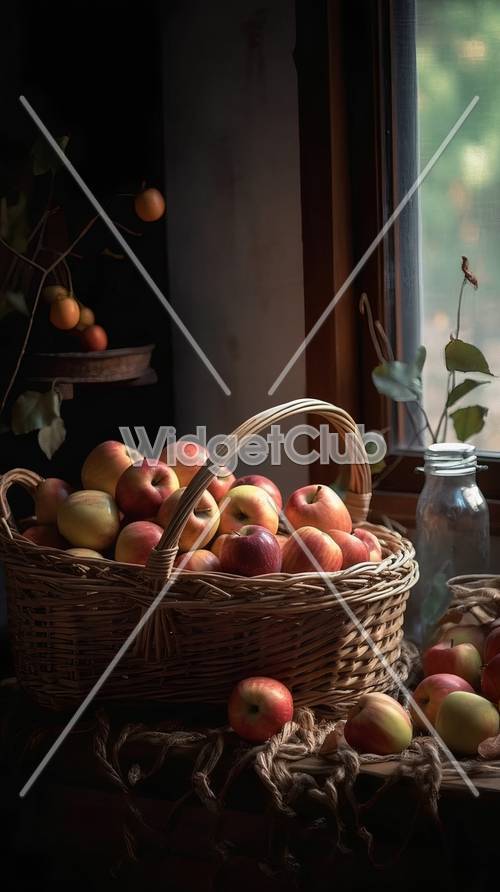 Acogedora cesta de manzanas junto al fondo de la ventana