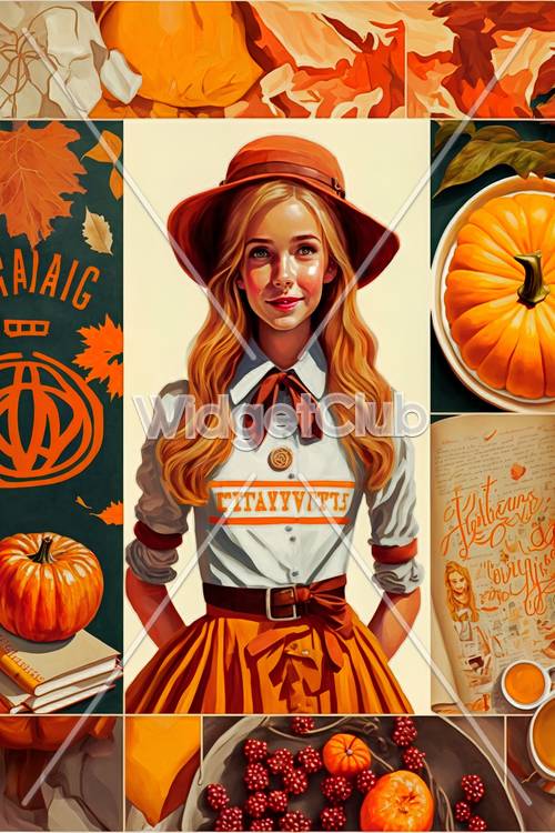 Autumn Girl with Pumpkins and Leaves
