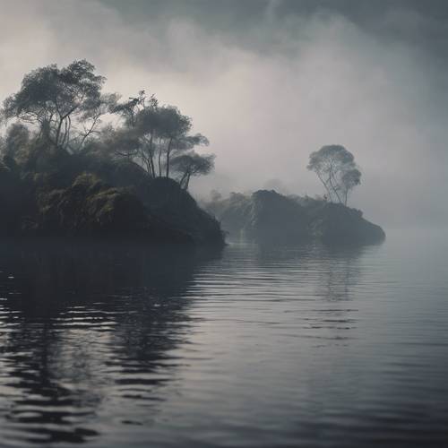 A mysterious island in the middle of a black water body shrouded in mist.