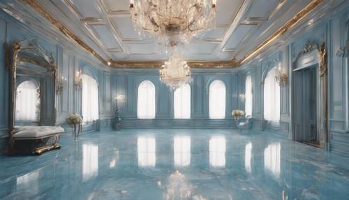 Suelo de mármol azul claro de una opulenta mansión bajo lujosas lámparas de araña.