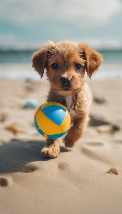 Kumsalda plaj topuyla sevinçle oynayan sevimli küçük bir köpek yavrusu.