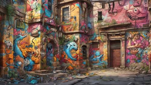 Graffiti extremamente detalhado e colorido com tema de jogo em uma muralha da cidade.