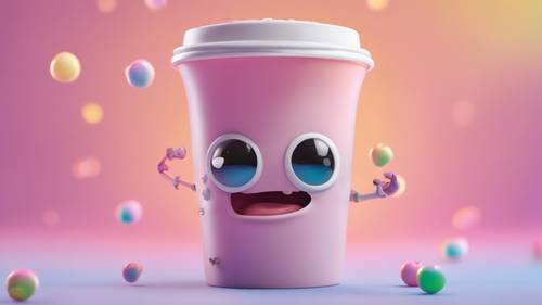 A cartoon image of a boba tea cup, with googly eyes and a broad smile, dancing delightfully against a pastel rainbow background.