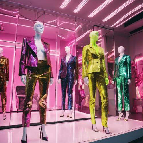 Una boutique de moda con temática del año 2000 que exhibe trajes con brillos de neón frente a maniquíes cromados reflectantes.