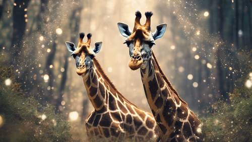 A giraffe appearing amidst a magical swirl of sparkles in a forest clearing.