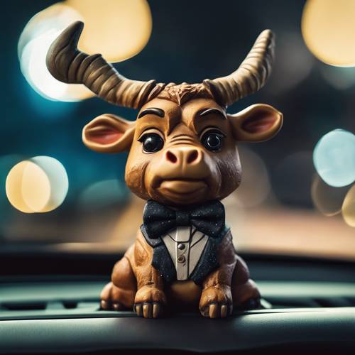 A cute bobblehead of Taurus wearing a bow tie, on a glowing dashboard at night.