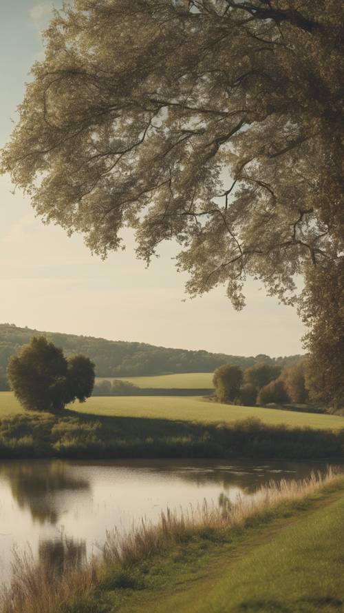 Panoramic view of a tranquil French country setting, complete with rolling hills, distant trees, and a calm river.
