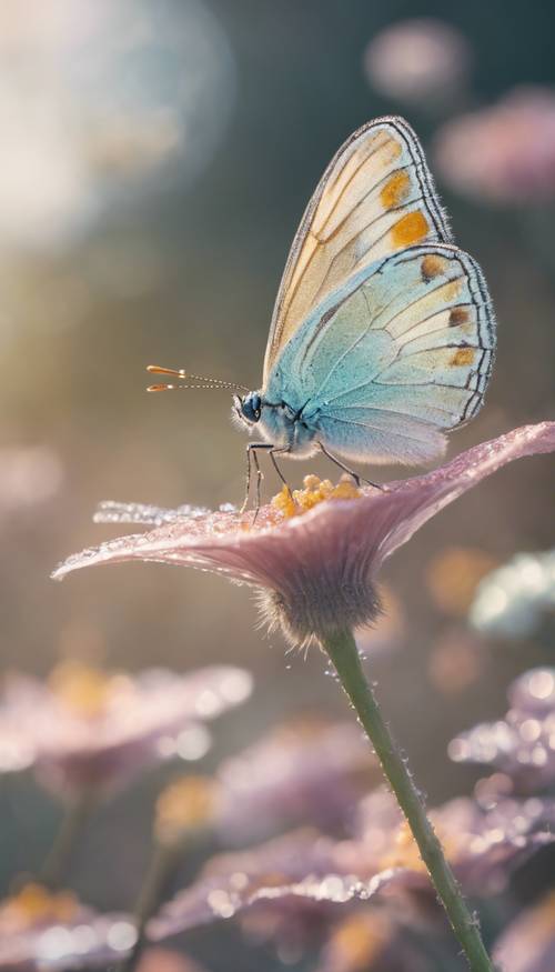 아침 이슬을 머금은 꽃 위에 쉬고 있는 파스텔 색상의 날개를 가진 섬세한 나비.