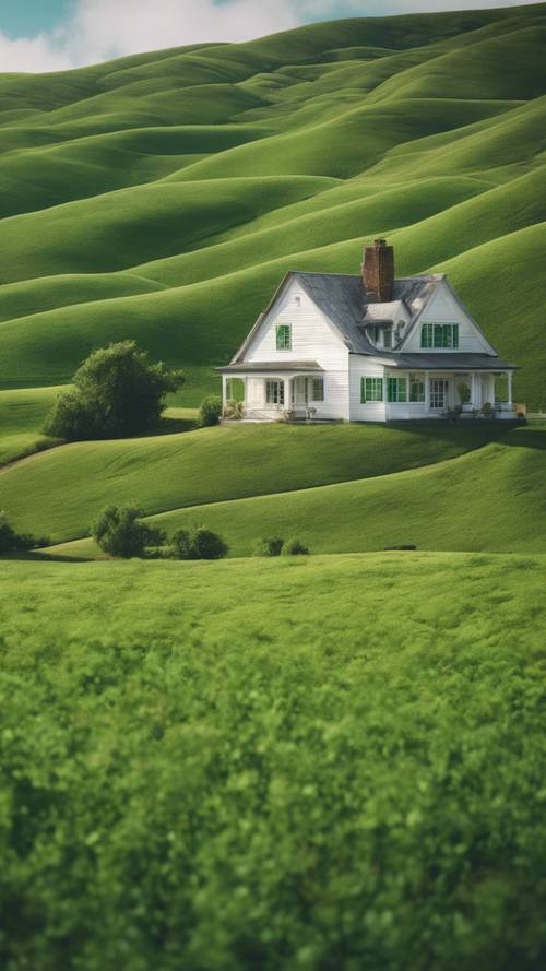 A charming, rustic white farmhouse nestled among rolling emerald green hills.